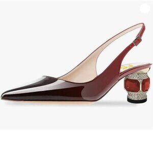 FSJ Women Pointed Toe Slingback Wedding Pumps Low Heel Rhinestone Sandals Red